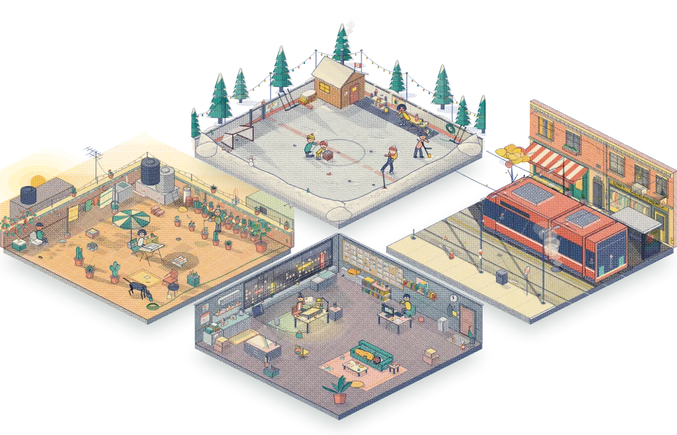 Four small illustrated rooms arranged as one diamond: an outdoor skating rink, a rooftop garden, a streetcar stop on a clear morning and an animation studio at night.