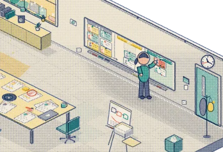A team choosing between candidates, with one on a video call.