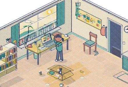 A new hire opening their laptop at home to a team waving hello.
